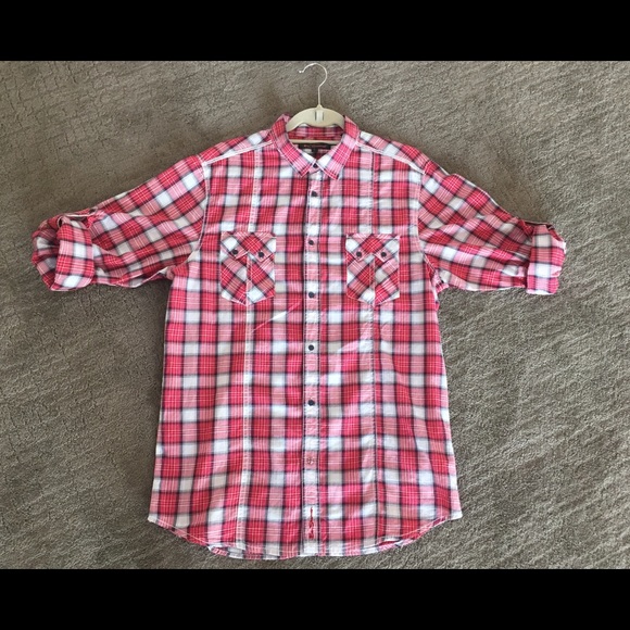 Ben Sherman Long Sleeve Plaid Shirt Red Black - Picture 2 of 4